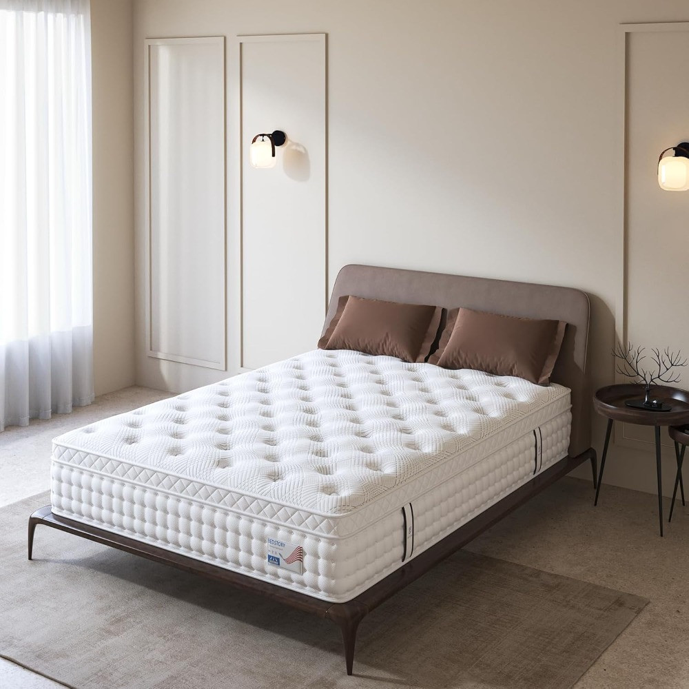 Full view of bed with mattress and headboard in a bedroom setting